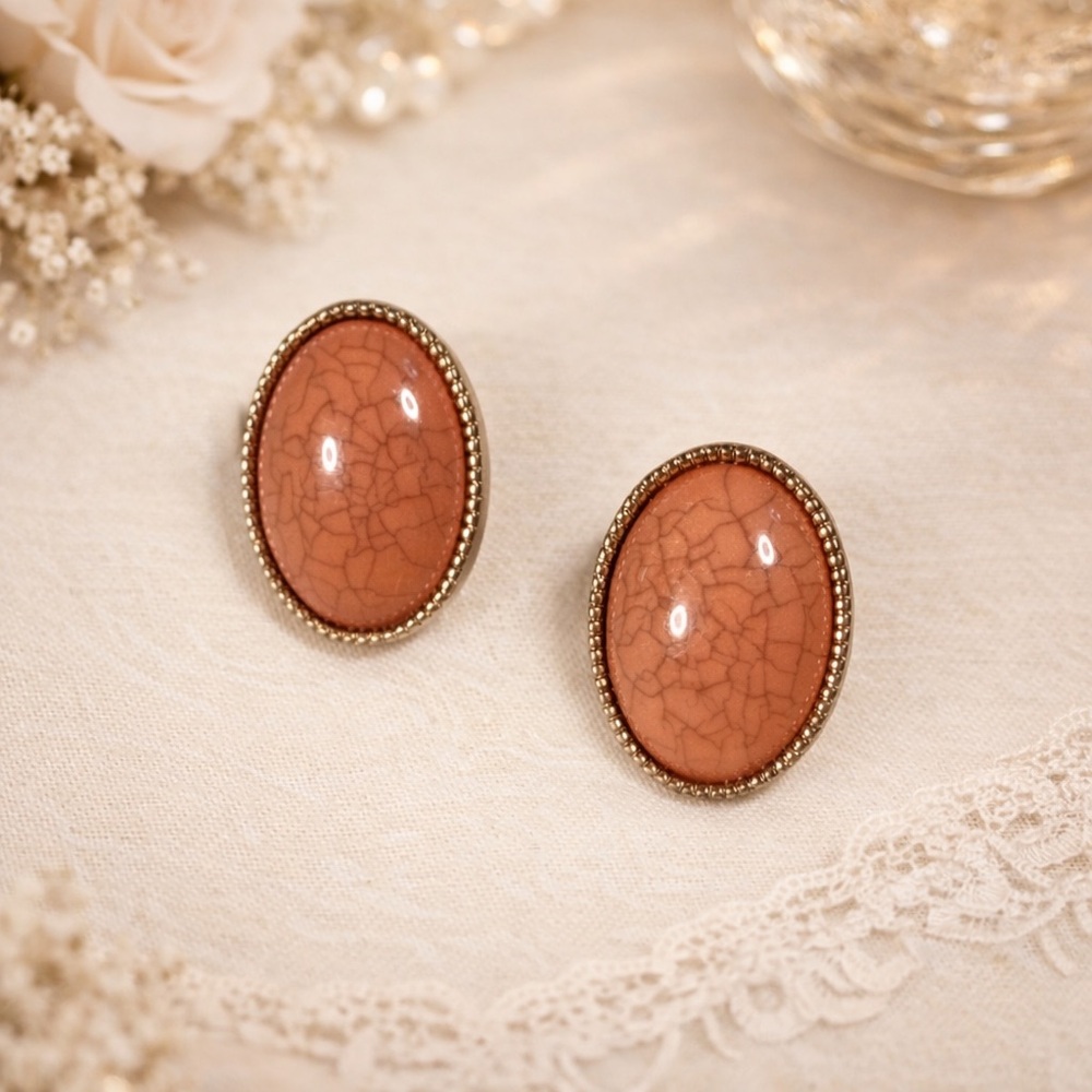 Vintage Faux Coral Oval Cabochon Earrings Gold Tone Retro 80s Statement